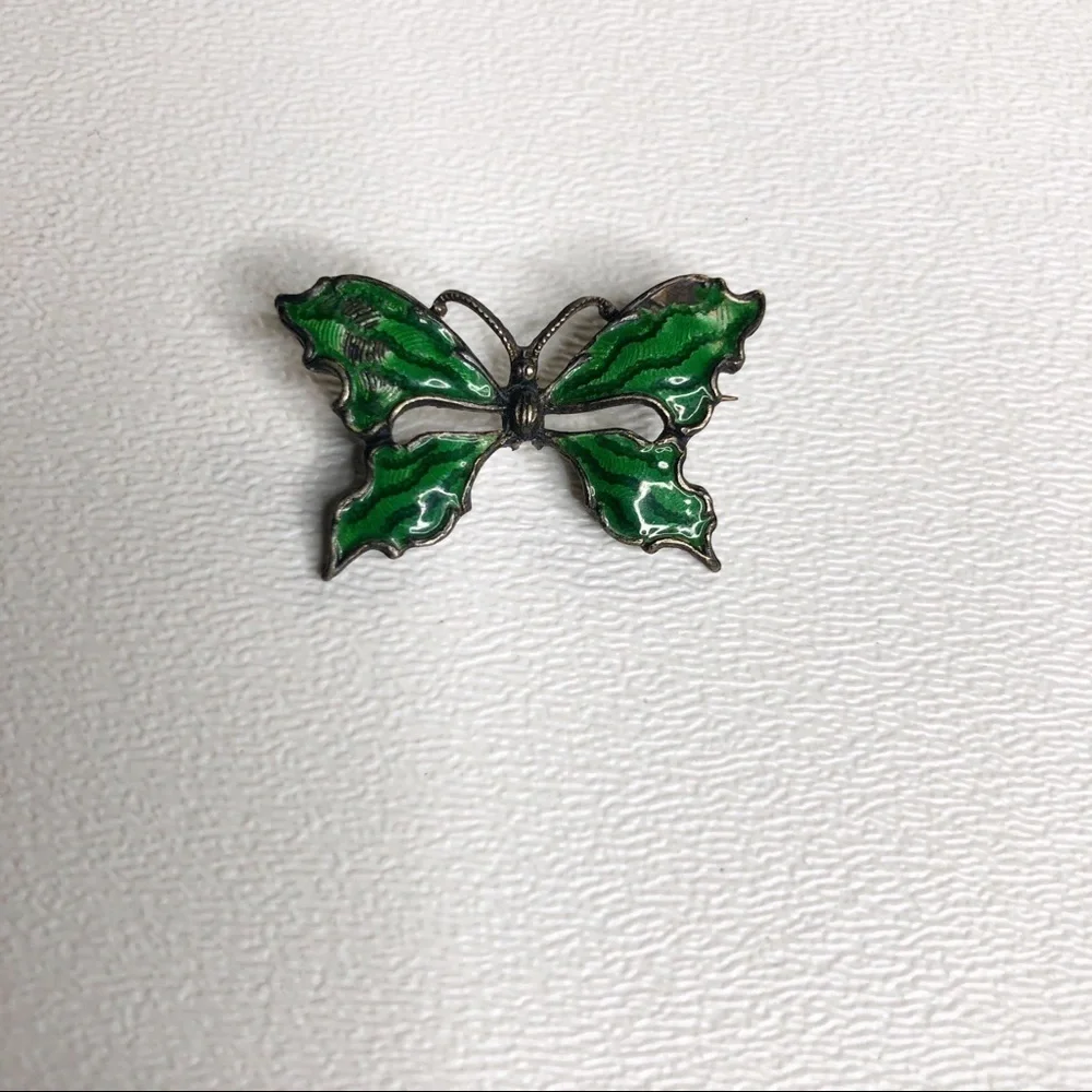 Vintage Sterling Silver Green Butterfly Brooch Pin